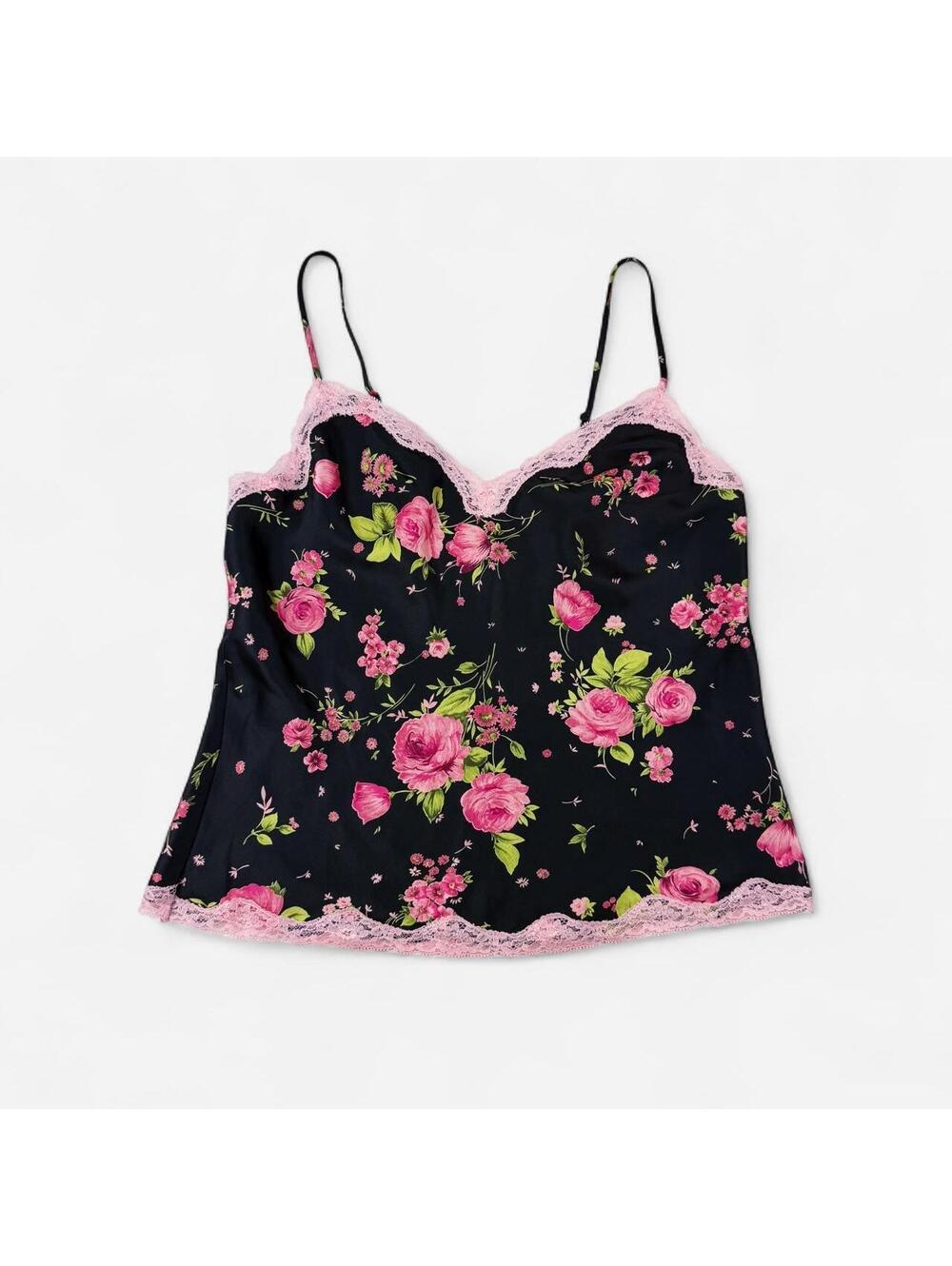 Victoria's Secret Black Pink Rose Floral Satin Lace Cami